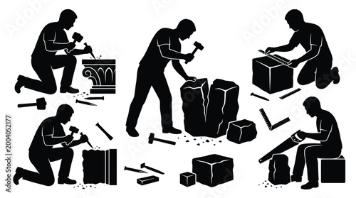 фотографія Set of silhouettes of a stone mason working with stone, carving, measuring, and