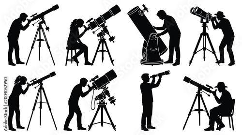 фотографія Set of silhouettes of people looking through telescopes and binoculars, astronom
