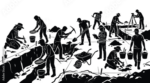 Foto Archaeological excavation site with team of archaeologists working, digging, sif