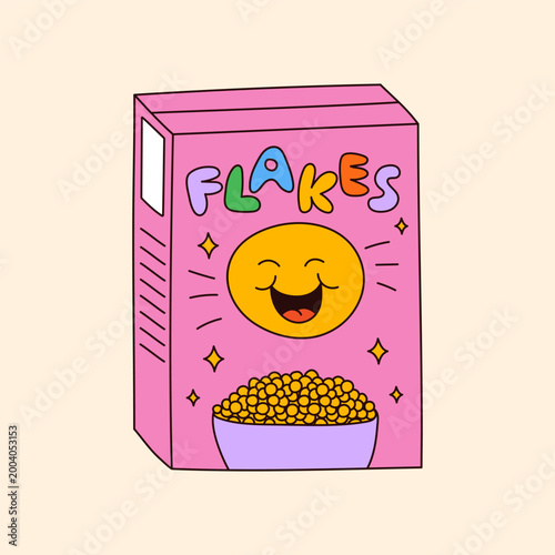 Quirky playful illustration of retro conflakes in cardboard box with funny label. Cartoon breakfast drawing. Groovy cereal vector clipart