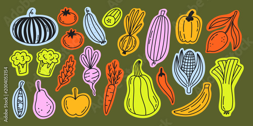 Hand-drawn vector collection of colourful doodle vegetables and fruits stickers. Cut out paper shapes of line farm food. Bold labels and patches for collage design
