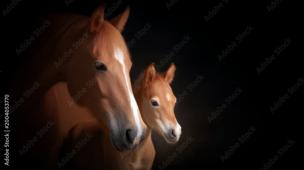 Fototapeta premium Majestic horses stand together in this captivating portrait. A mother and foal with gentle expressions show deep connection. Ideal for equine enthusiasts and artwork. AI