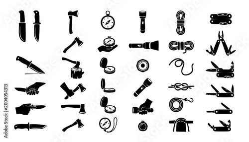 Camping Equipment Icon Set, Survival Gear and Outdoor Adventure Symbols, Vector Silhouettes of Knife, Axe, Compass, Flashlight, Rope and Multitool for Hiking, Scouting, Bushcraft and Mountaineering Pr