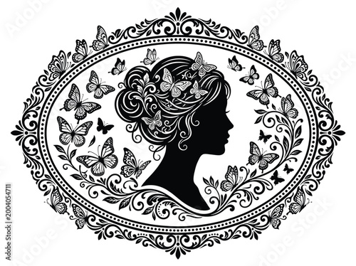 Foto Silhouette of a beautiful woman in profile with an elegant hairstyle adorned wit