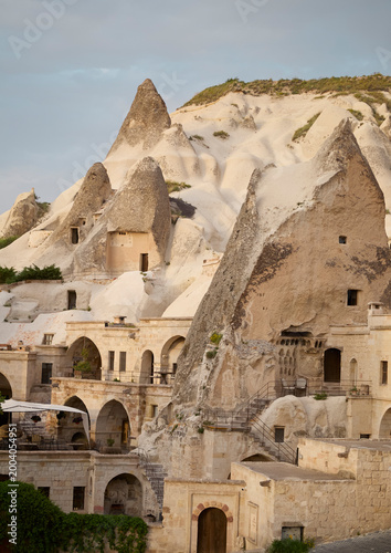 Houses in rock formation in Goreme town in Cappadocia region, Turkey