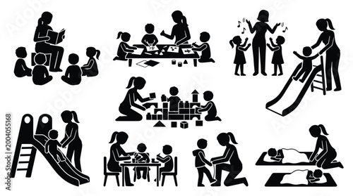 Foto Set of stick figures representing a teacher or nanny taking care of children in