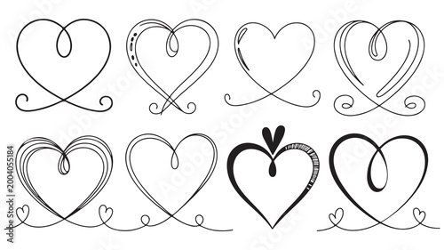 Set of hand drawn sketch heart shapes and decorative swirls for romantic love cards and wedding design elements