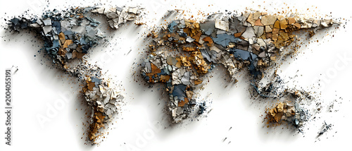 Grunge world map with metallic textures, dark details, and golden accents on white, creating a dramatic global travel and business concept.