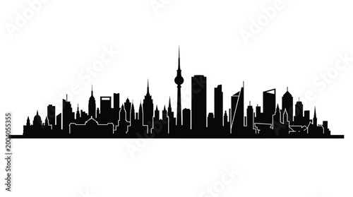 Tableau sur toile Black city skyline silhouette featuring berlin tv tower and various world landma
