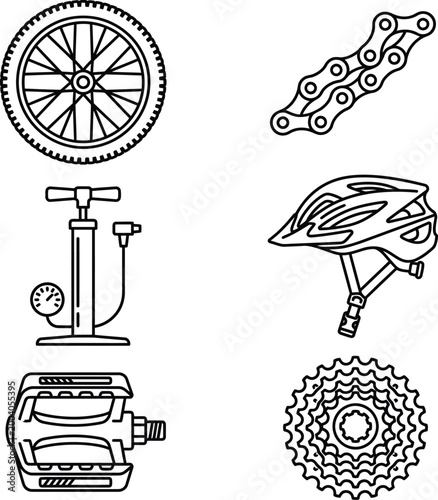 Minimalist Bicycle Repair Parts Icon Set Bike Chain Tire Pump Helmet Pedal Monoline Vector

