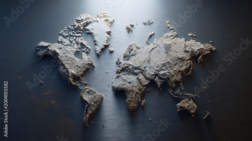 Rough 3D world map with gray stone texture on a dark background, symbolizing geography, global travel, and international connection.