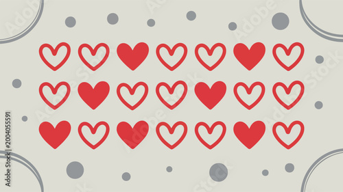 Set of multiple red hearts with outlines and solid fill arranged in a neat grid pattern on a light grey background with small decorative circles for a romantic valentine day celebration design