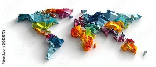 Colorful abstract world map in watercolor polygon style on white, symbolizing global travel, geography, diversity, and international connection.