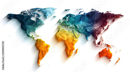 Colorful abstract world map in watercolor polygon style on white, symbolizing global travel, geography, diversity, and international connection.