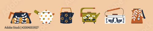 Set of teapots with floral print. Patterned electric kettles, modern ceramic infusers with flowers. Different tea pots for boiling water and brewing herbal drinks. Flat isolated vector illustrations