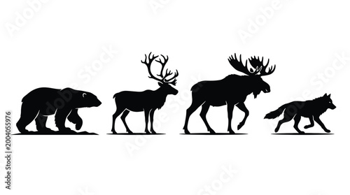 Photography Set of wild animals silhouettes, bear, deer, moose and wolf