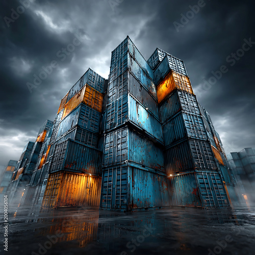 Colorful shipping containers in an industrial port scene with wet reflections and a dramatic stormy sky, symbolizing global logistics.