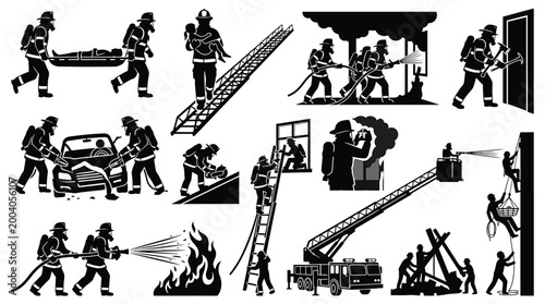 Foto Set of firefighter silhouettes, emergency services icons, rescue team members in