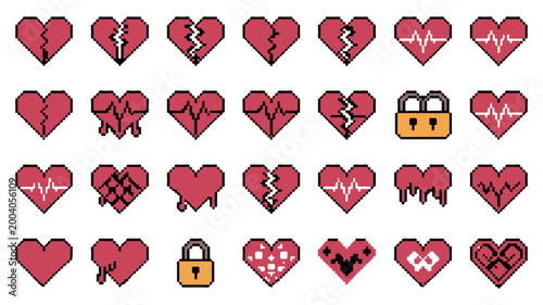 Set of pixel art heart icons representing different emotions and states like broken hearts, love, health, pulse, and locked feelings in vibrant pink colors for retro video game design elements