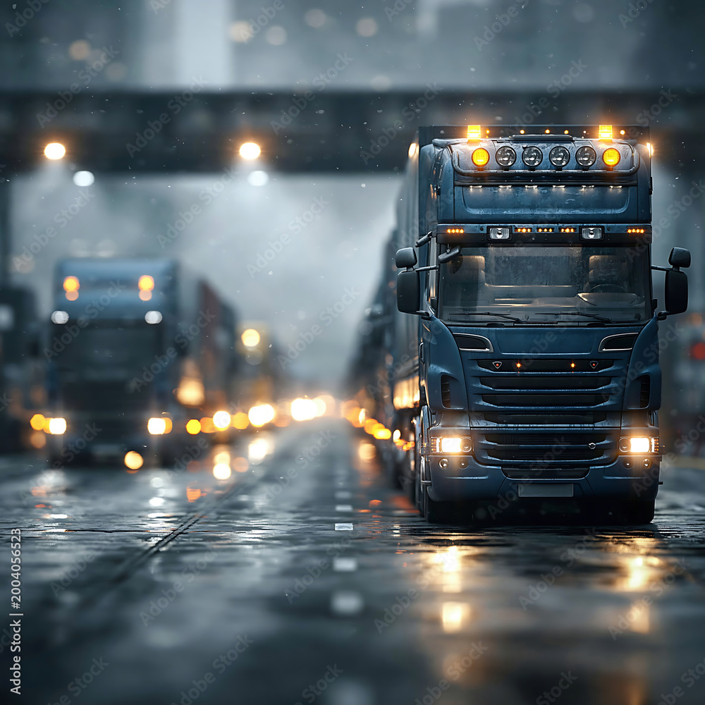 Fototapeta premium Semi truck driving through rain on a wet highway at night, with headlights, reflections, and moody cinematic lighting.