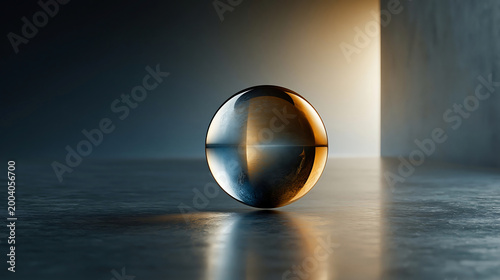 Minimal still life of a glass sphere on a reflective surface, illuminated by dramatic warm light against a calm blue background.
