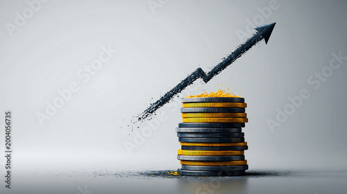 Studio concept image of stacked coins with a rising red chart, symbolizing financial growth, investment success, and profit increase.