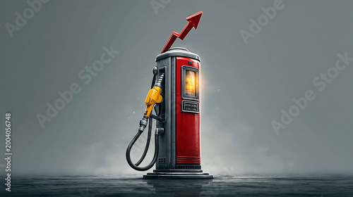 Conceptual studio image of a red gas pump with a rising arrow, symbolizing increasing fuel prices, inflation, and energy market pressure.