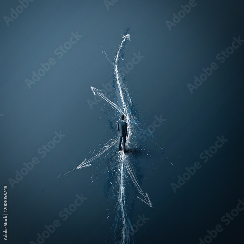 Conceptual illustration of a solitary figure standing between abstract arrows on a dark blue background, symbolizing choices and direction.