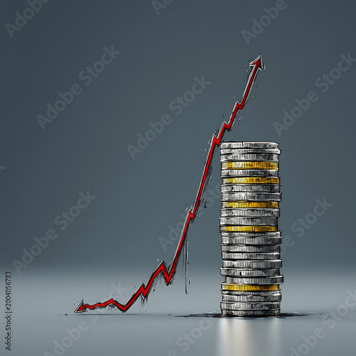 Studio concept image of stacked coins with a rising red chart, symbolizing financial growth, investment success, and profit increase.