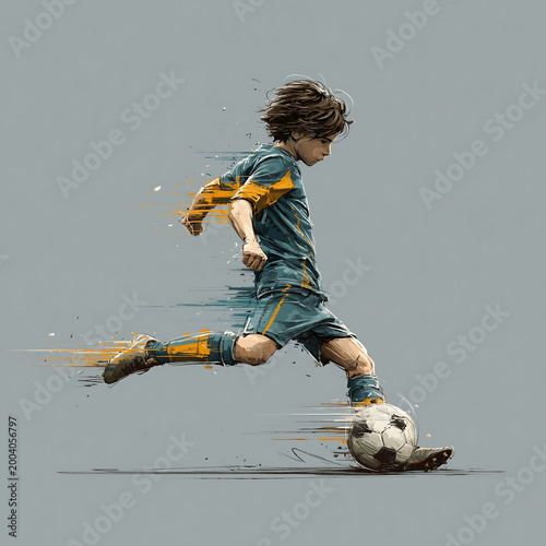 Dynamic illustration of a young soccer player kicking a ball, with motion effects and a gray background creating an energetic sports atmosphere.