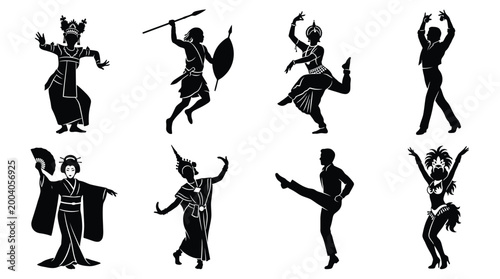 Collection of silhouettes of people dancing traditional and modern dances from different cultures around the world