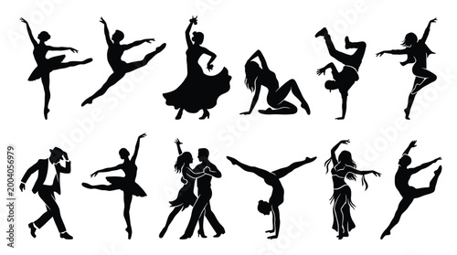 Schilderij op canvas Collection of black silhouettes of dancers in various styles including ballet, c