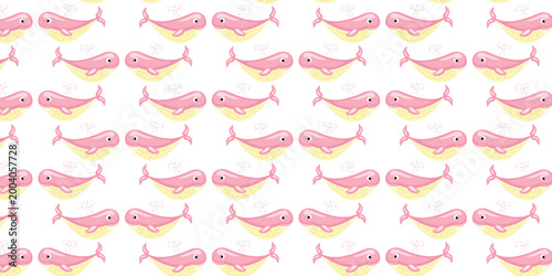 Seamless Pattern with Cute Pink Whales and Water Splashes on White Background Nautical Vector