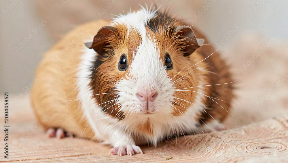 Fototapeta premium A cute hamster with brown fur and white paws sits on a wooden surface looking into the camera.