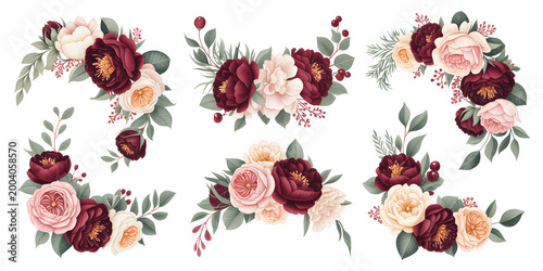 Set of Elegant Floral Arrangements with Burgundy and Blush Peonies Roses Greenery and Berries Isolated on White Background for Wedding Invitations Cards Decorative Design Elements and Scrapbooking