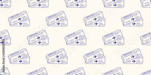 Vector seamless pattern of blue hand drawn outline sketch monochrome doodle airline boarding pass ticket background. Mediterranean navy travel print design for wrapping paper, holiday trip decor.