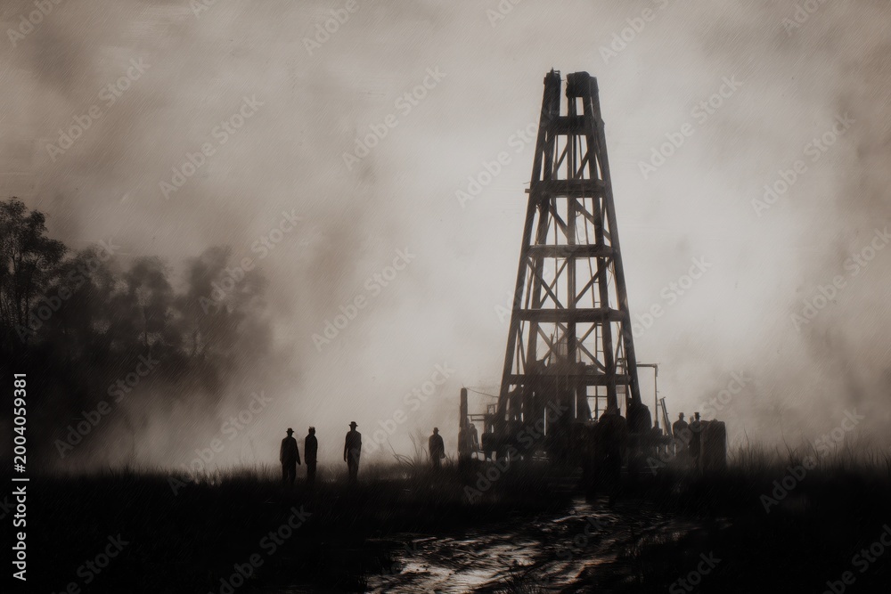 Fototapeta premium Silhouette of oil pump jack working at sunset in oil field industrial energy production and resource extraction concept with orange sky background