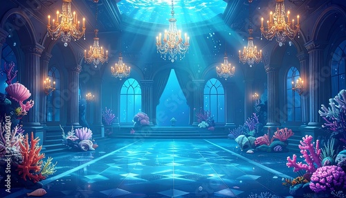 An underwater palace ballroom with ornate chandeliers, coral, and glowing blue light, creating an ethereal and magical atmosphere