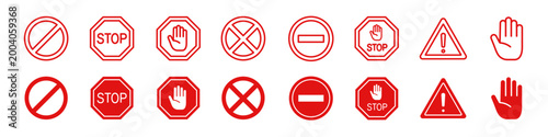 STOP icon set. Warning and Prohibition symbol. Vector illustration.