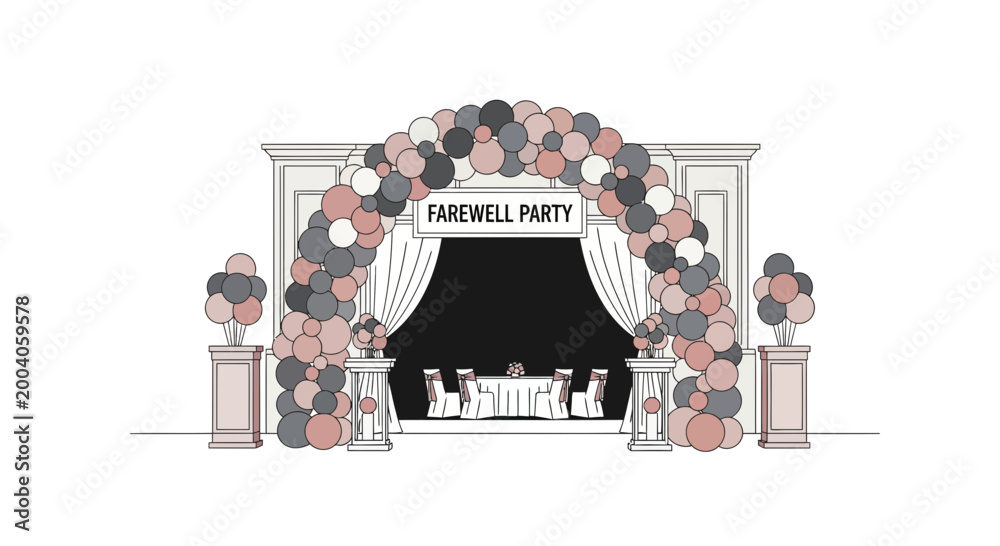 Fototapeta premium Elegant Farewell Party Balloon Archway Entrance with Decorated Tables
