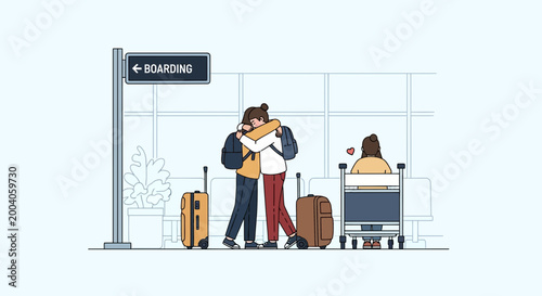 Two women embrace with luggage at airport boarding area, a third watches from a cart