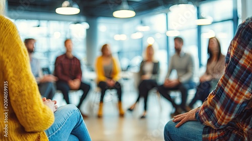 People in a circle in a brightly lit room, engaged in group activity