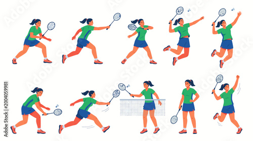10 Female Badminton Player Vector Pack – Woman Playing Badminton Illustration Set