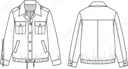 Technical flat sketch of a cargo utility bomber jacket for women featuring front and back views with pockets and drawstring.