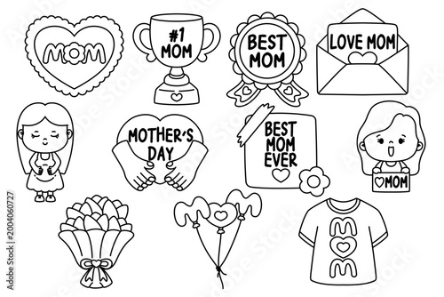 Mother’s Day Doodle Outline Clipart Set