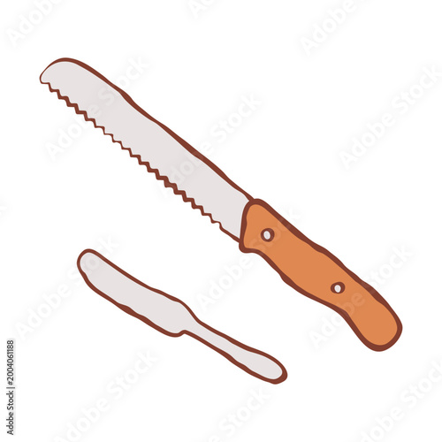 Set of two various kitchen knifes. Flat vector illustration in hand drawn sketch style. Layout for print, sticker, scrapbooking, interior or food blog.