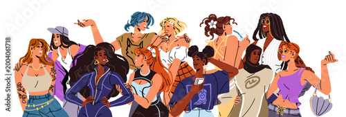 Happy women have fun, hug and talk together. Group of diverse girls celebrates March 8. Sisterhood and support of feminists community. Flat isolated vector illustration on white background