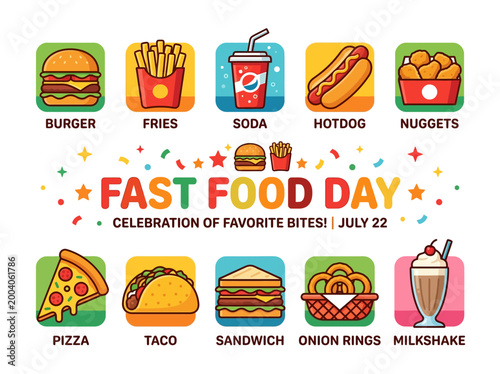 Celebrate Fast Food Day with a Delicious Assortment of Favorite Bites Pizza, Burgers, Fries, Tacos, Hot Dogs, and Milkshakes
