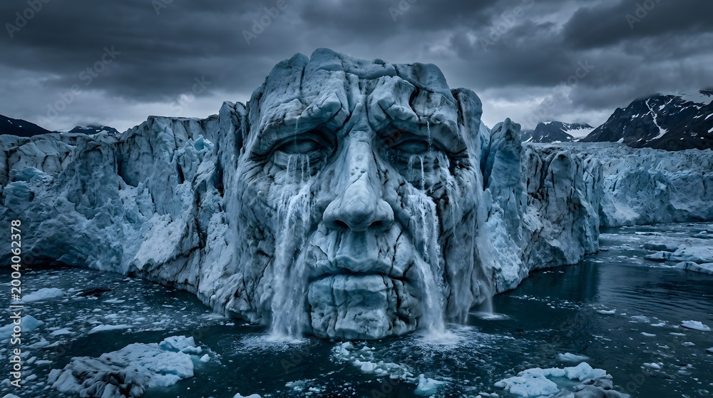 Obraz premium Surreal ice sculpture face in dramatic Arctic landscape