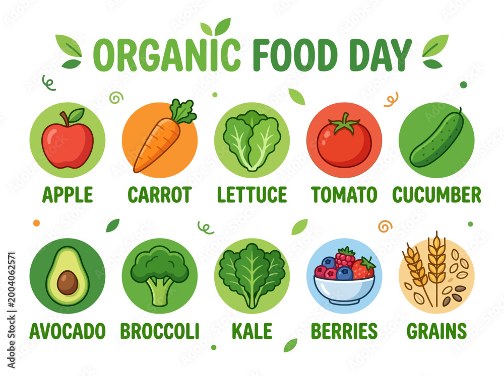 Fototapeta premium Celebrate Organic Food Day with a vibrant illustration of fresh fruits and vegetables, promoting healthy eating and natural produce